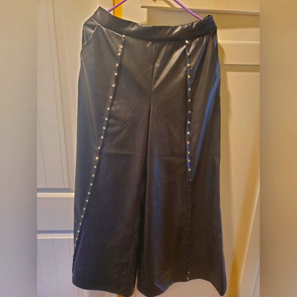 Black Faux Leather Wide-Leg Pants with Studded Detail